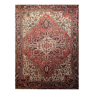 Vintage Persian Heriz Rug, Hand-Knotted Wool, Geometric Medallion Pattern, Red & Navy, 9x11 For Sale