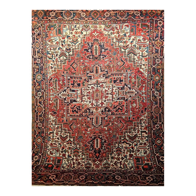 Vintage Persian Heriz Rug, Hand-Knotted Wool, Geometric Medallion Pattern, Red & Navy, 9x11 For Sale
