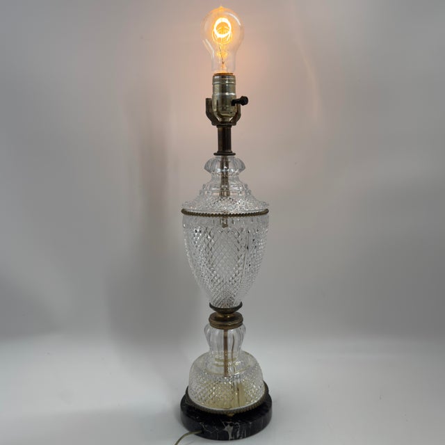 Stone Vintage Hollywood Regency Cut Glass Brass Table Lamp Black Marble Base For Sale - Image 7 of 10