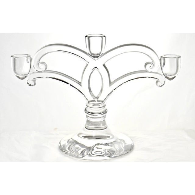Vintage pair of large heavy sparkling glass three - light candelabras with scroll armatures and large heavy bases. A...