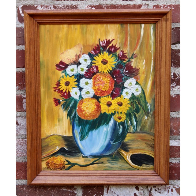 Mid-Century Modern Vintage 1960s Floral Still Life Original Oil Painting For Sale - Image 3 of 12