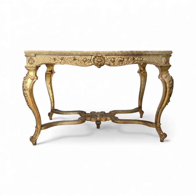 French 19c French Antique Gilded Louis XVCenter Table W/Faux Porphyry Stone Top For Sale - Image 3 of 4