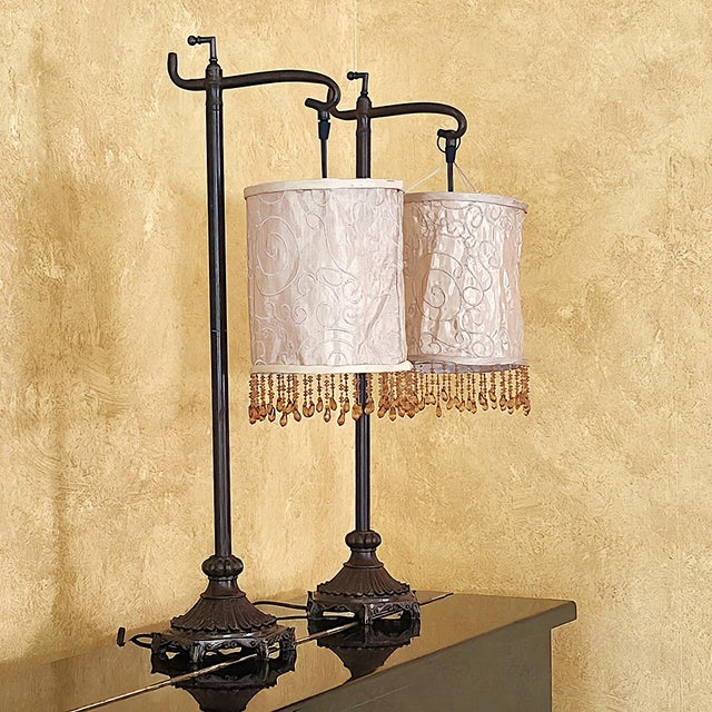 Vintage Bridge Arm Table Lamps With Beaded Shades - Pair For Sale - Image 17 of 18