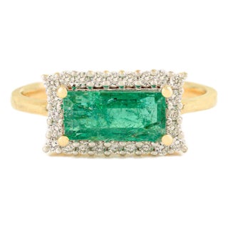 14k Gold Zambian Emerald & Diamond East to West Ring Size 6.5 For Sale