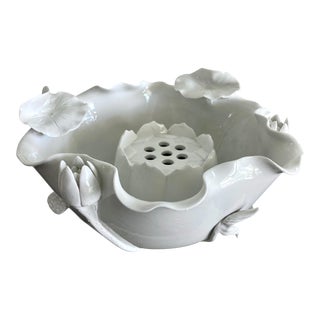 Mid 20th-Century Blanc-De-Chine Crimped Lotus Bowl With Lotus Pod Flower Frog For Sale