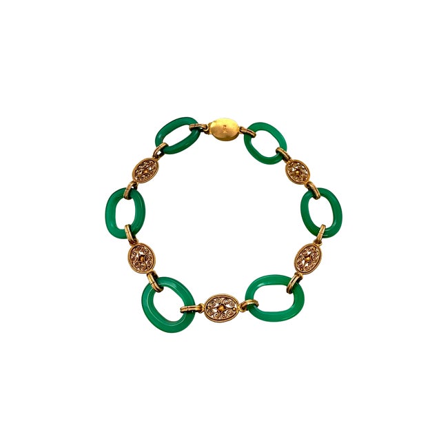 Vintage 14k Gold and Green Chrysoprase Link Bracelet For Sale - Image 4 of 5