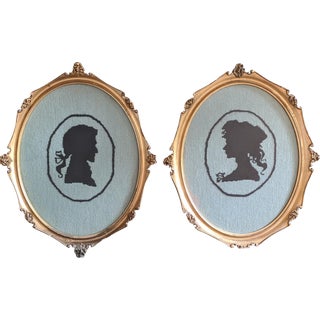 Antique Early Americana Needlepoint Silhouettes of a Woman and Man in Ornate Giltwood Oval Frames- a Pair For Sale