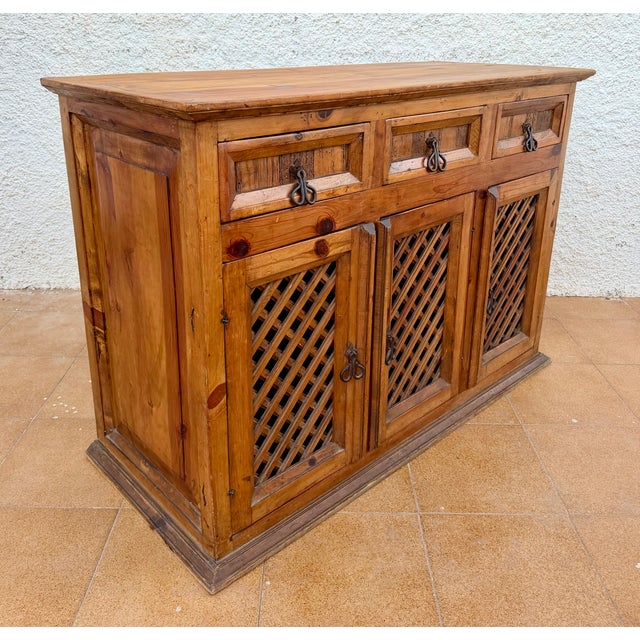 1960s Spanish Rustic Pine Sideboard With Lattice Doors and Iron Hardware For Sale - Image 6 of 10
