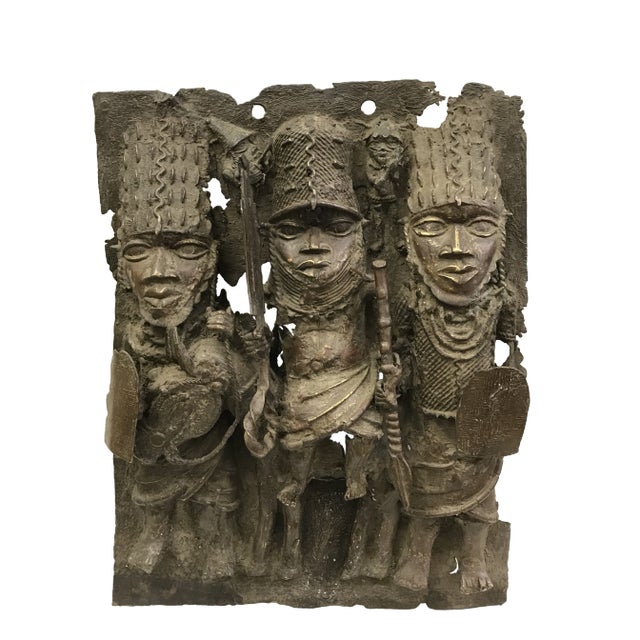 1970s Vintage African Tribal Art Large Benin Bronze Plaque For Sale