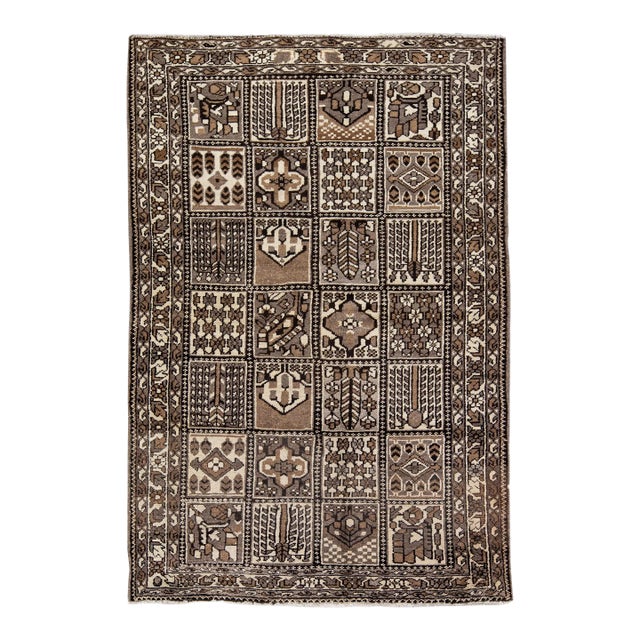 Vintage Handmade Persian Brown Geometric Wool Rug 4'5" X 6'7" For Sale