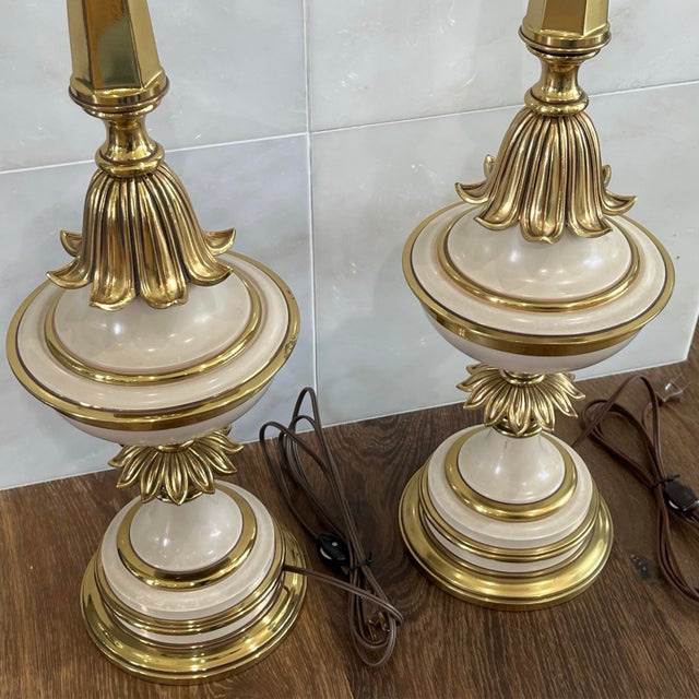 Brass Vintage Mid-Century Modern Stiffel Torchiere Table Lamps Brass & Enamel Hollywood Regency - a Pair For Sale - Image 8 of 12