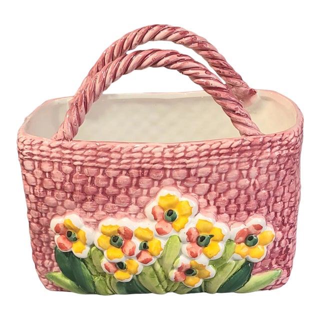 Late 20th Century Floral Pink Pottery Hand Painted Basket Planter, Made in Italy For Sale