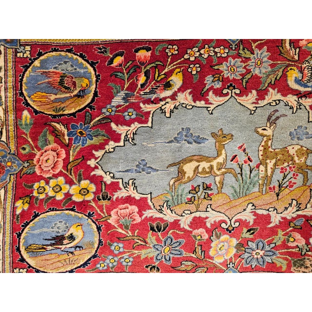 Vintage Persian Tabriz Pictorial Rug, Hand-Knotted Wool & Silk, Forest Scene, Red & Blue, 2x3 For Sale - Image 14 of 15