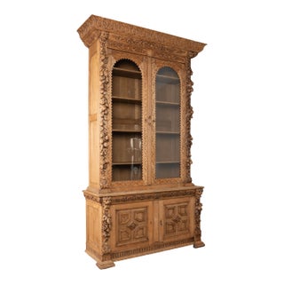 19th Century Tall French Bleached Carved Bookcase Display Cabinet For Sale