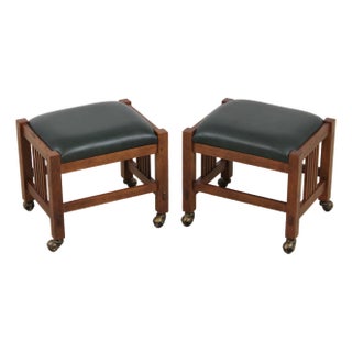 Pair of Stickley Mission Oak Leather Footstools/Ottomans For Sale