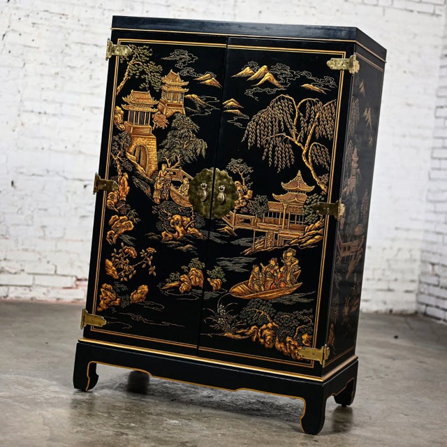 1984 Chinoiserie Drexel Et Cetera Collection Petite Entertainment or Storage Cabinet With Hand Painted Scenic Designs For Sale - Image 11 of 12