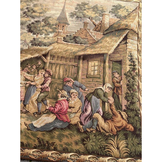 French Aubusson Style Jacquard Tapestry with Villagers Celebration Decor, 1980s For Sale - Image 6 of 18