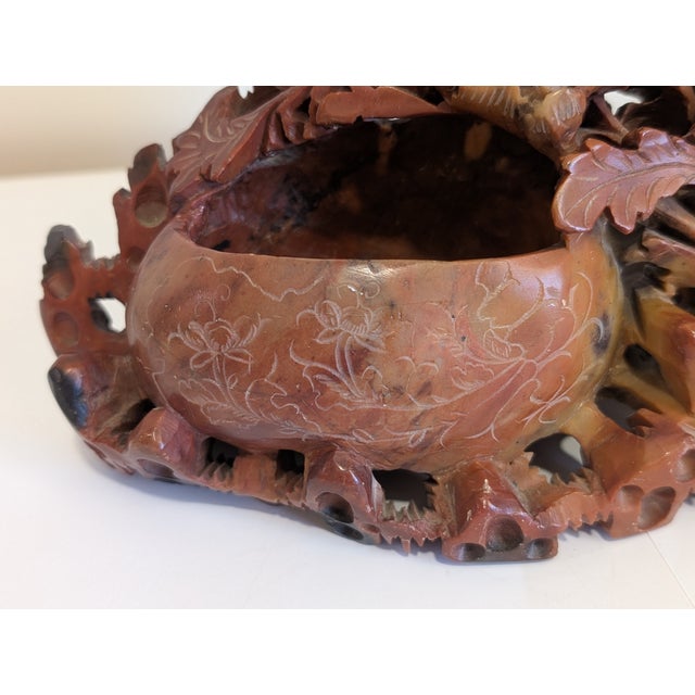 A Beautiful Hand Sculpted Soapstone Vase Featuring Flowers and Bird For Sale - Image 4 of 9