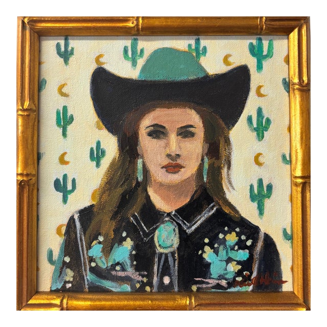 Pink Pony Club Portrait of a Cowgirl an Original Framed Painting by Michelle Heimann. For Sale