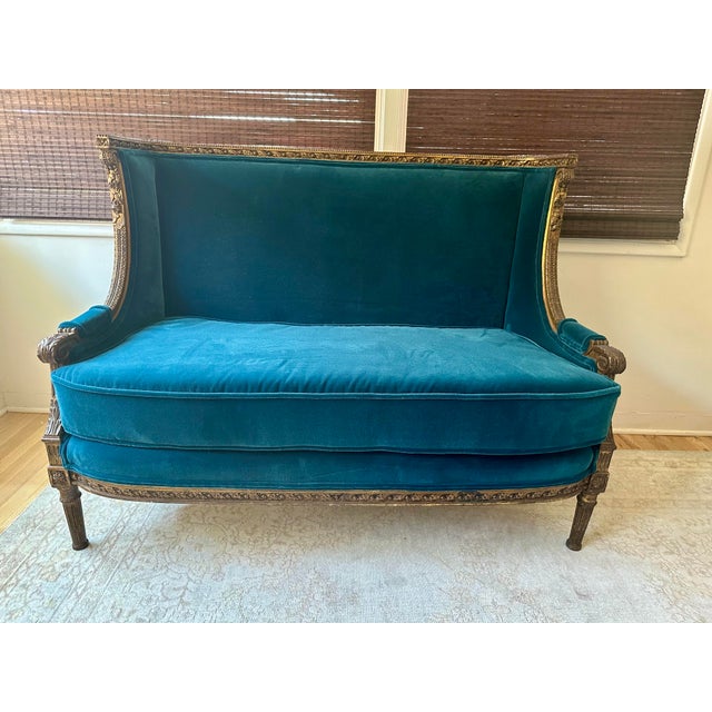 Antique Louis XVI Teal Velvet Settee For Sale In Los Angeles - Image 6 of 7