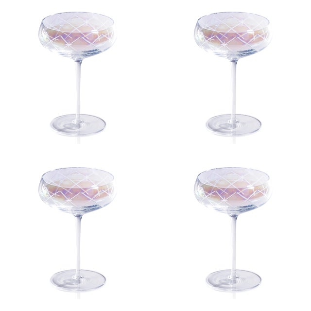 2020s Audrey 4-Piece Set Hand Etched Coupe Glasses, Clear Luster For Sale - Image 5 of 5