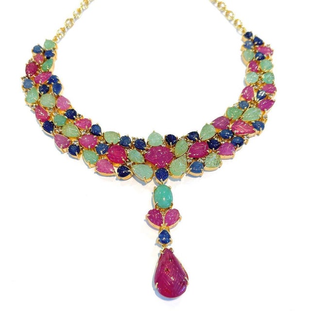 Bochic "Capri" Vintage Ruby, Emerald & Sapphire Necklace - 18K Gold & Silver For Sale - Image 17 of 18