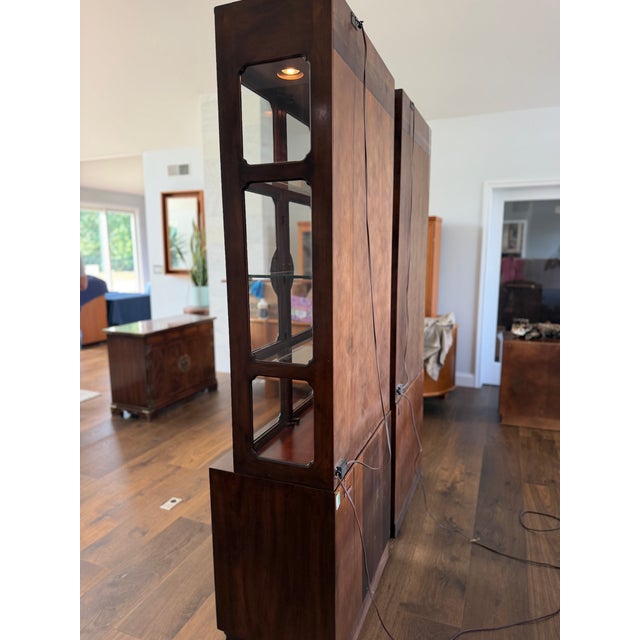 1970s Pair of Henredon Lighted Chinoiserie Mahogany Display Cabinets | Brass Campaign Hardware | 84"h For Sale - Image 16 of 18