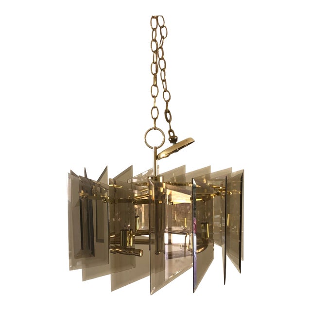 1970's Brass and Angled Glass Chandelier For Sale