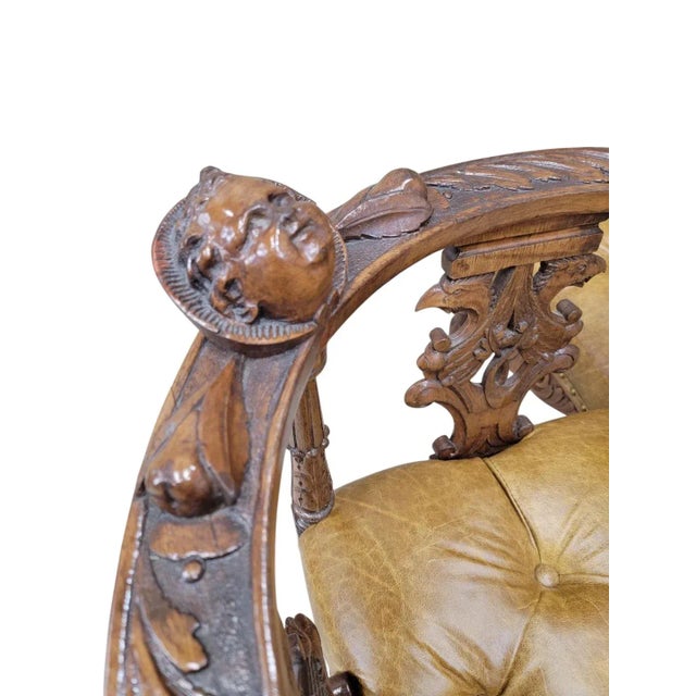 Late 19th Century Antique Italian Renaissance Revival Carved Tufted Tete-a-Tete Settee Newly Reupholstered in Leather For Sale - Image 5 of 10