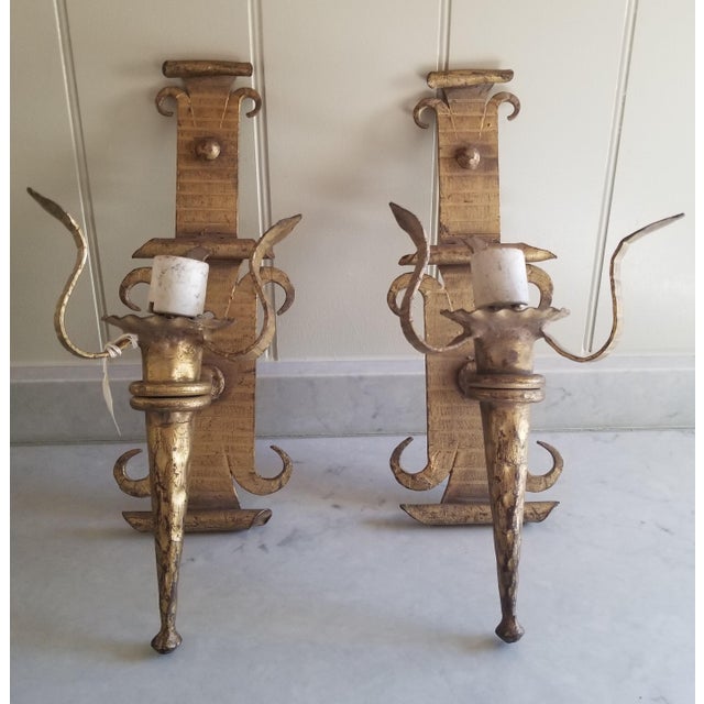 Metal Vintage Vintage Neoclassical Gothic Wrought Iron Gilt Wall Sconces - Set 2 Pair For Sale - Image 7 of 7