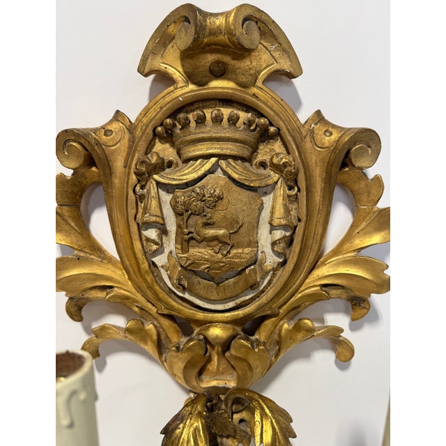 French Rococo Giltwood Armorial Two-Light Wall Sconces, 19th Century For Sale - Image 9 of 9