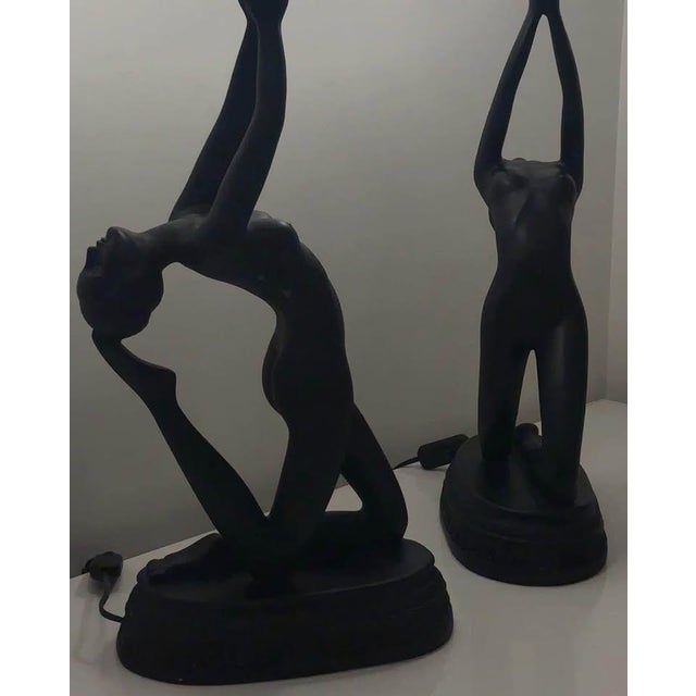 Pair of 1980s Vintage Neo- Art Deco Reclined Nude Lady Lamps in Matte Black with Frosted White Spotted Glass Globe Shades....