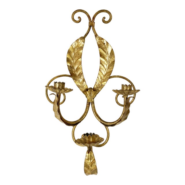 Vintage Tole Metal Gilt Ivy and Scroll Wall Candle Sconce For Sale
