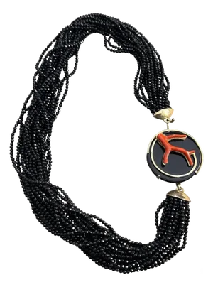 A 1990s Black Onyx and Mediterranean Coral Italian Multi-Strand Necklace