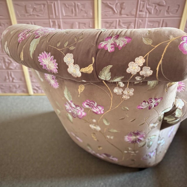 Textile Vintage Custom Traditional English Cottage French Floral Velvet Armchair + Ottoman For Sale - Image 7 of 12