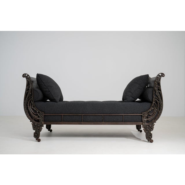 Black 19th Century France Deep Ebony Black Carved Daybed With Upholstered Bolsters For Sale - Image 8 of 11