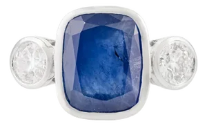 4.12 Carat Blue Sapphire 14k Gold Art Deco Ring With Diamonds Size 7
