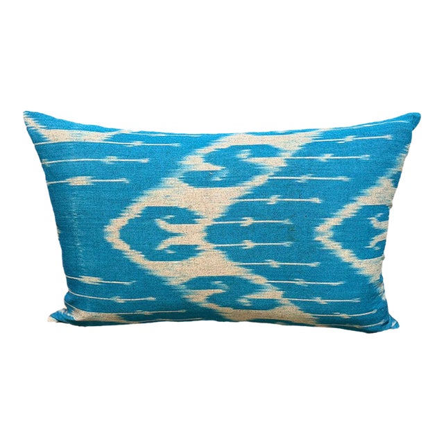 1990s Sky Blue Silk Ikat Lumbar Cushion Cover For Sale