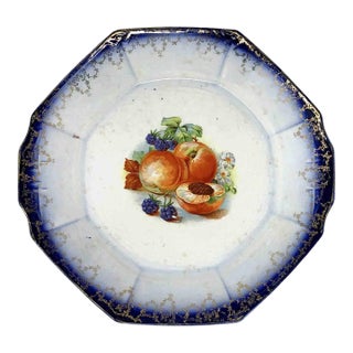 Antique Flow Blue Octagon Cake Plate: "Imperial China" Semi-Vitreous Fruit Design For Sale