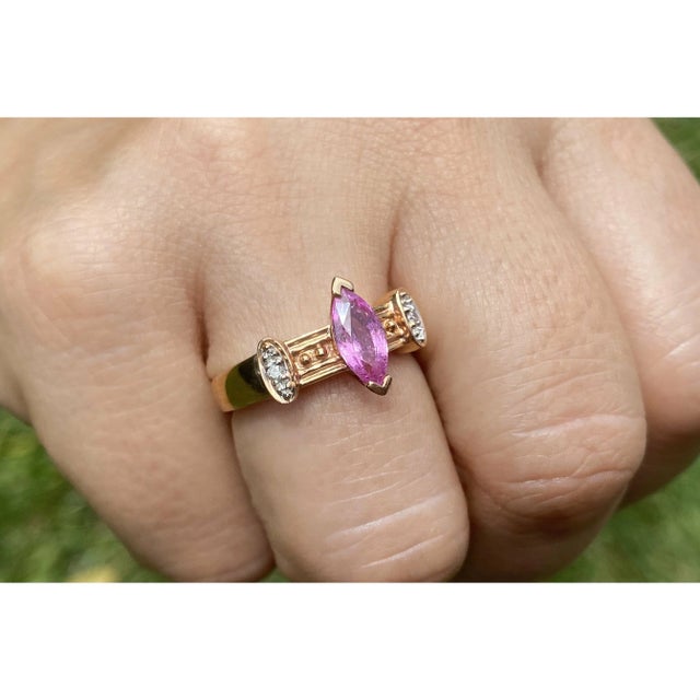 Marquise Cut Pink Sapphire in 14k Rose Gold Retro Style Ring For Sale - Image 4 of 5