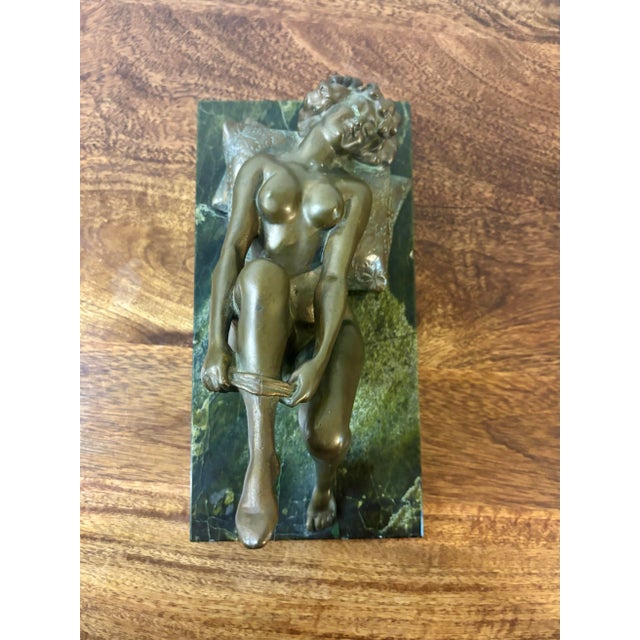 1910s Louis Chalon Bronze Nude Woman Sculpture Putting on Stockings on Marble Base For Sale In Miami - Image 6 of 11