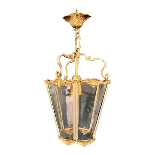 Art Nouveau Suspension Lantern in Gilt Bronze and Glass Facets Hanging Lamp Pendant Lantern Circa 1900 For Sale