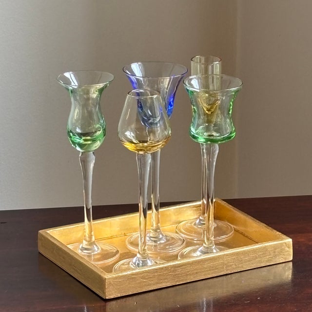 Late 20th Century Vintage Hand-Blown Cordial / Liqueur Glasses & Giltwood Tray For Sale - Image 5 of 13
