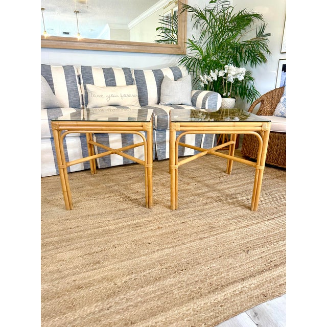 1980s Glass Top Rattan Side Tables- A Pair For Sale In West Palm - Image 6 of 7