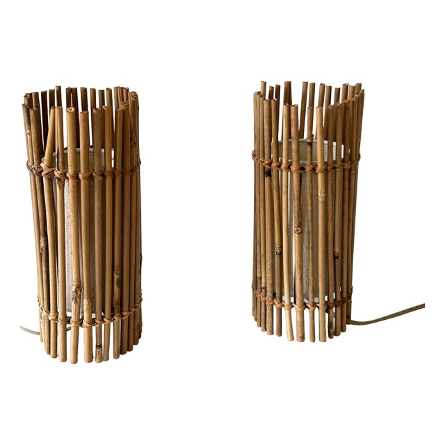 Vintage Bamboo Bedside Table Lamps by Louis Sognot, Germany, 1980s, Set of 2 For Sale