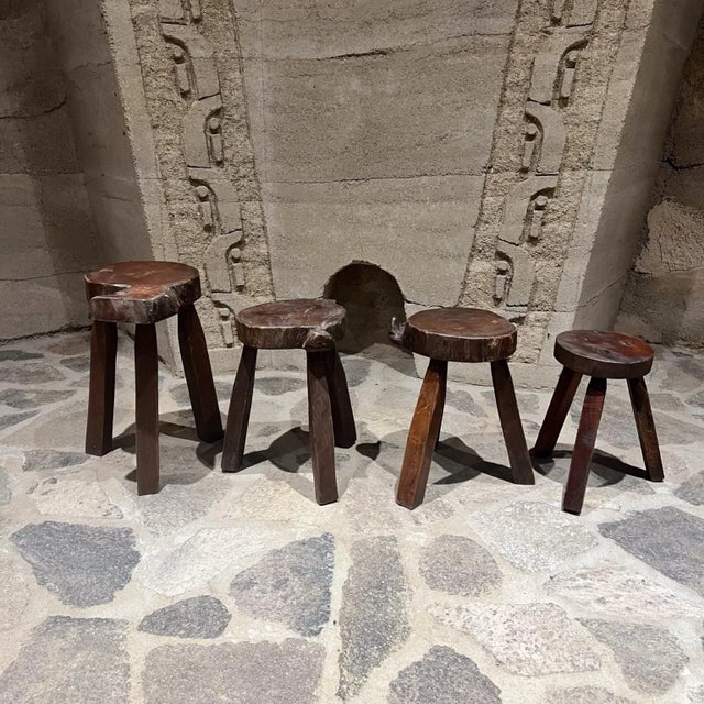1950s Four Carved Wood Stools Style of Pierre Jeanneret For Sale In San Diego - Image 6 of 10