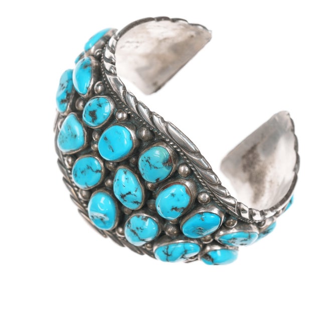 7" 1980's A.S.P Native American sterling and turquoise nugget cuff bracelet For Sale - Image 4 of 11