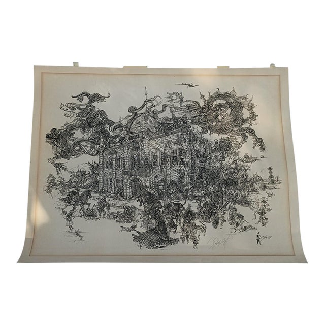 Vintage Surreal Pen Ink Drawing Nightmare at the Palace by Julie Kahn Kuhn 1977 Limited Edition 108/300 For Sale