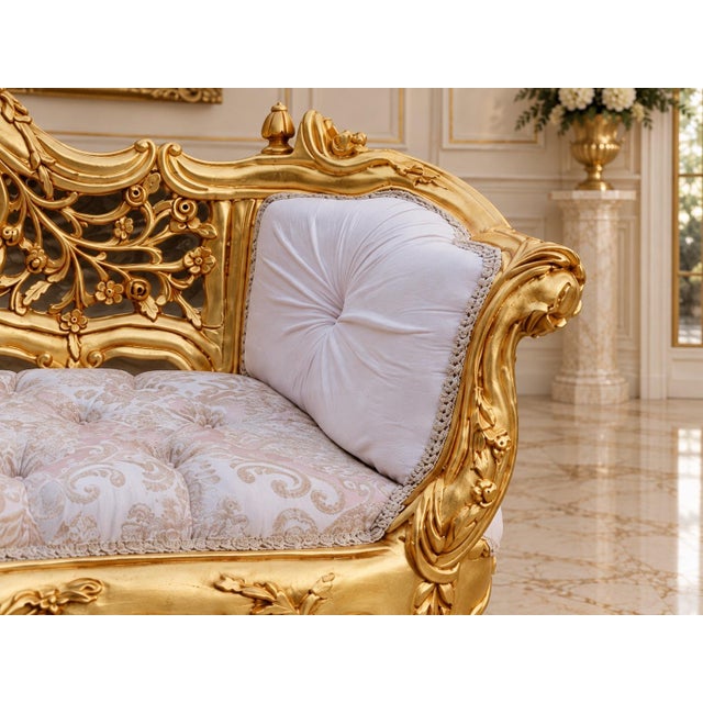 Late20C French Louis XVI Gold Pink Damask Settee For Sale - Image 6 of 11