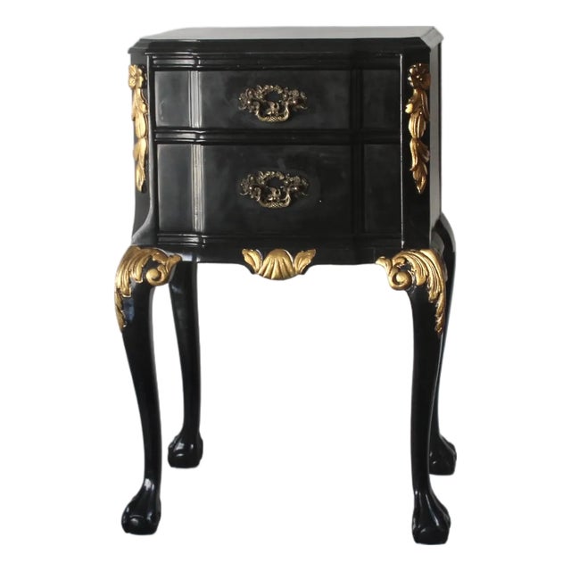 Louis XV Style Black Lacquered Nightstand End Side Table Gold Brass Decorative Details For Sale